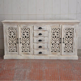 Jali Solid 5 Drawers Wooden Sideboard White Wash