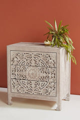 Lombok Handmade Wooden Nightstand / Hand Carved Floral Bedside