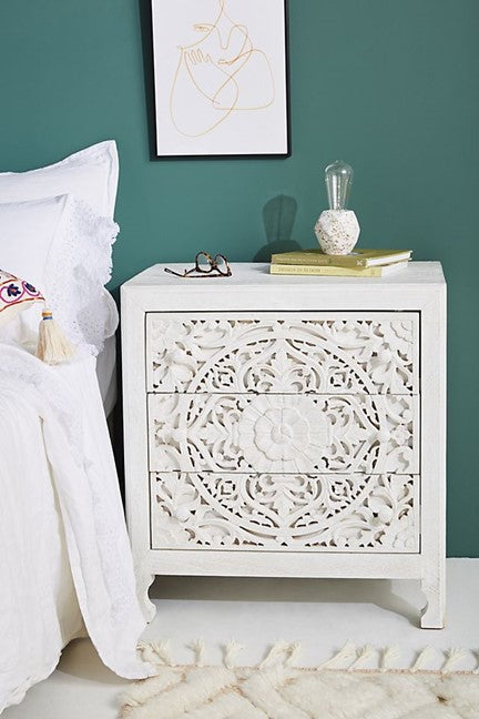 Lombok Handmade Wooden Nightstand / Hand Carved Floral Bedside