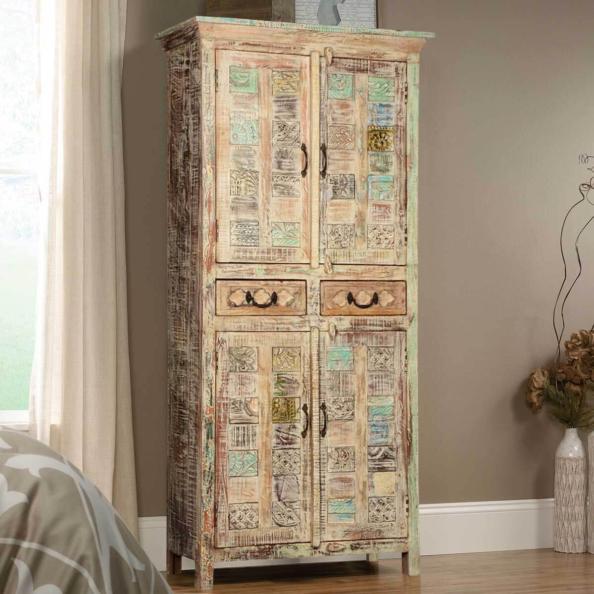 Flora Hand Carved Patterns Distressed Mango Wood Tall Cabinet W Drawers