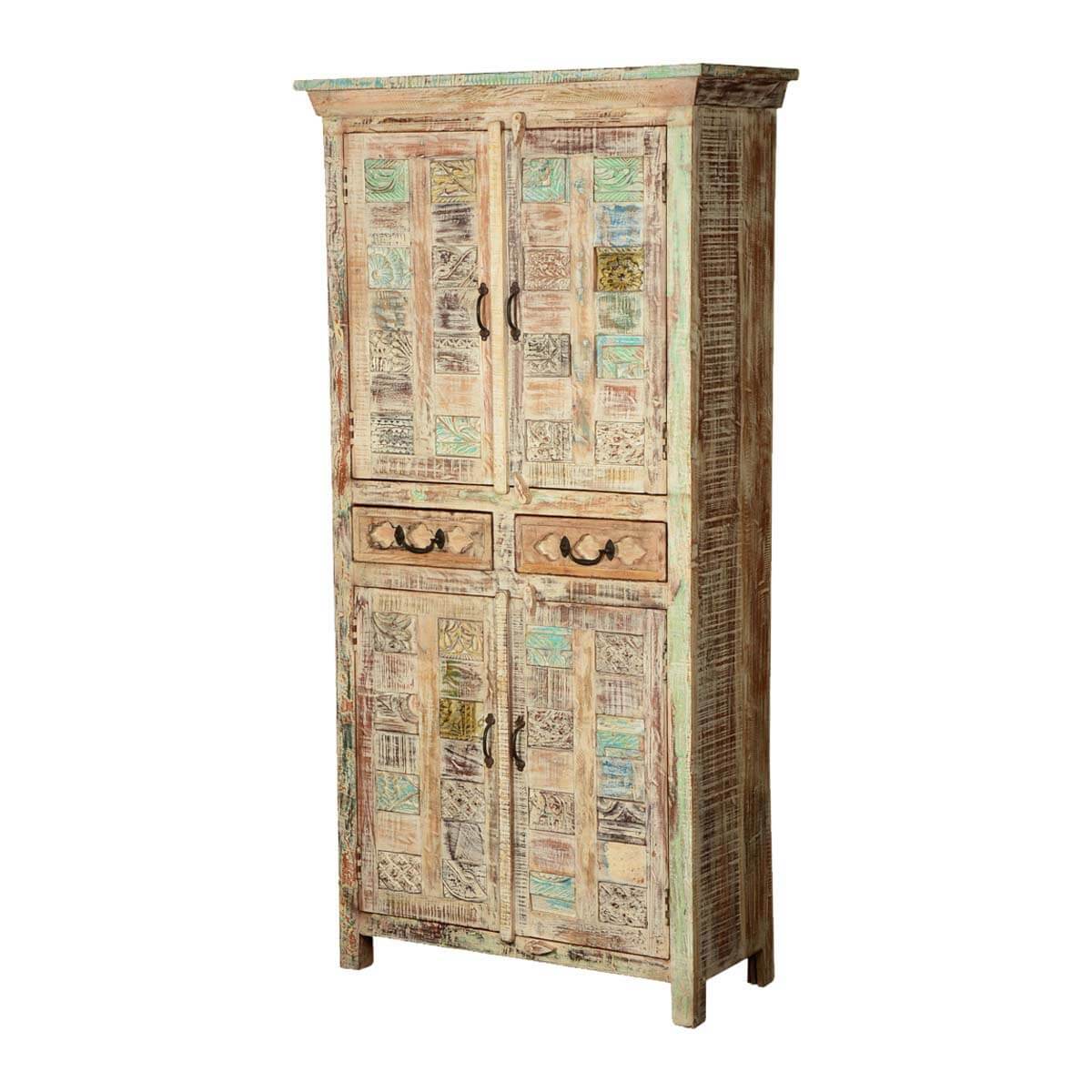 Flora Hand Carved Patterns Distressed Mango Wood Tall Cabinet W Drawers