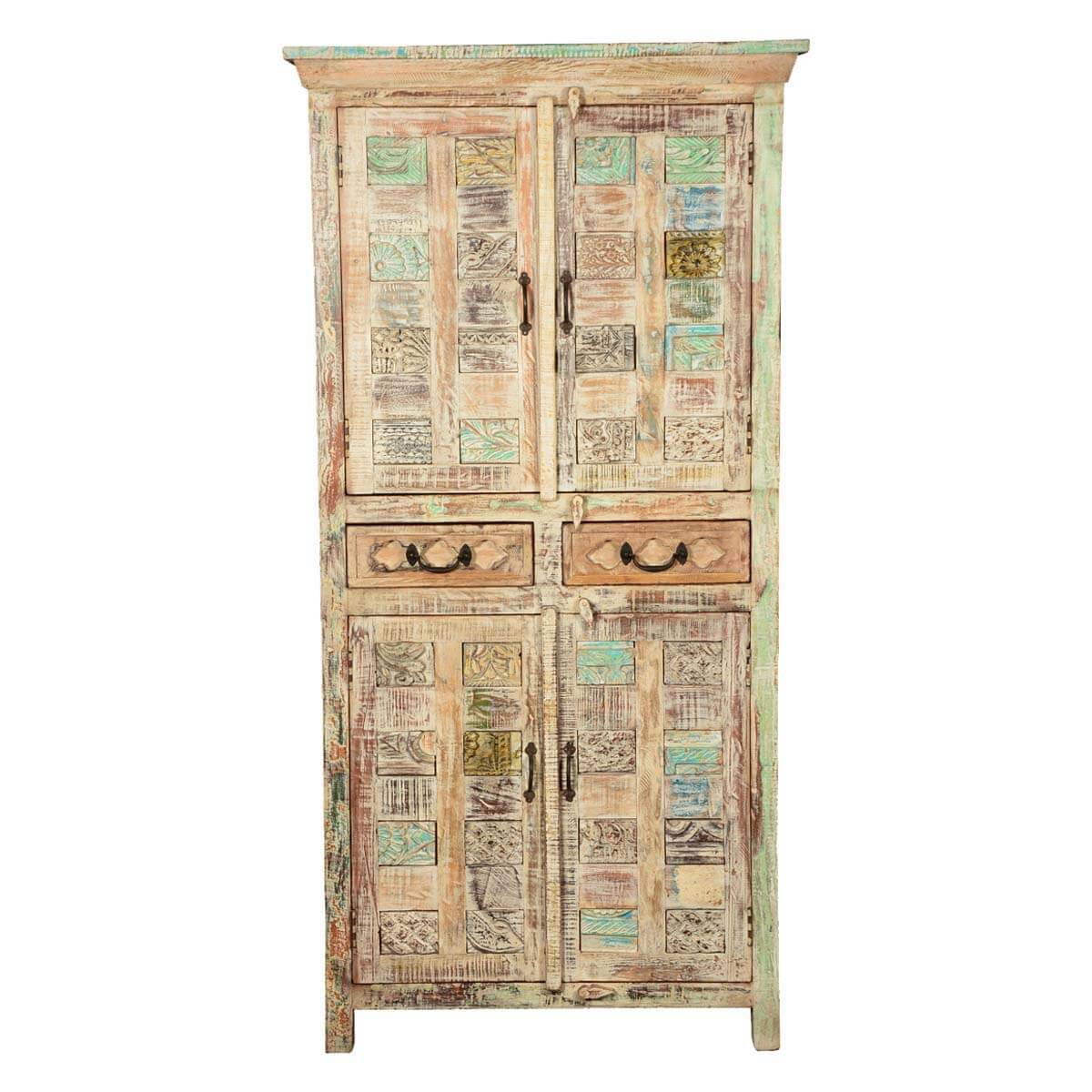Flora Hand Carved Patterns Distressed Mango Wood Tall Cabinet W Drawers