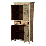 Flora Hand Carved Patterns Distressed Mango Wood Tall Cabinet W Drawers