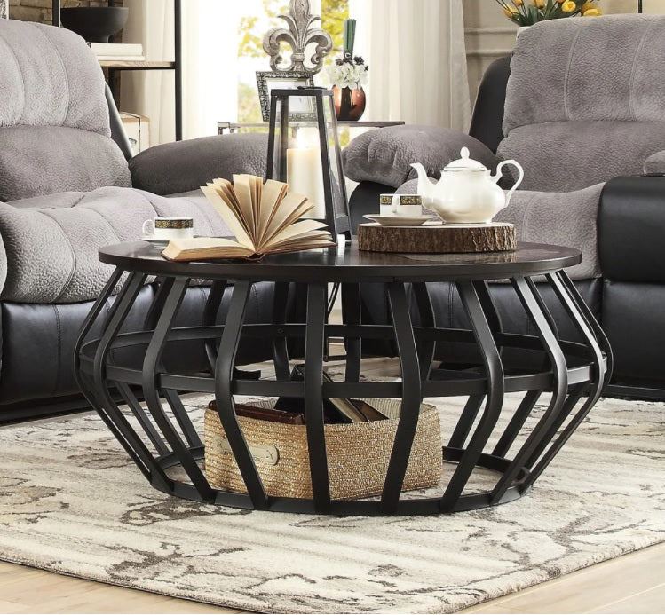 INDANG Metal Frame Round Cage Slate Accent Coffee Table