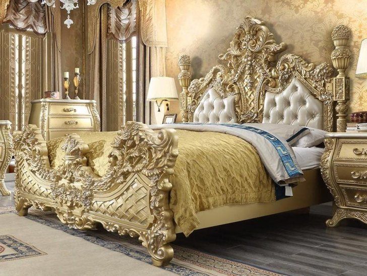REYNA Metallic Antique Gold & Faux Leather King/Queen Traditional Bed