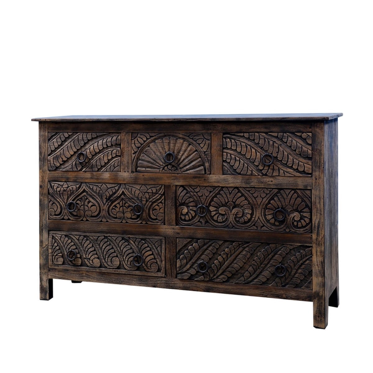 Mughal Garden Indian Hand Carved Reclaimed Wood 7 Drawer Rustic Dresser