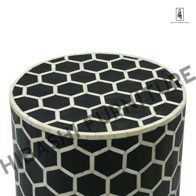 Bone Inlay Round Drum Side Table Honycomb - Large