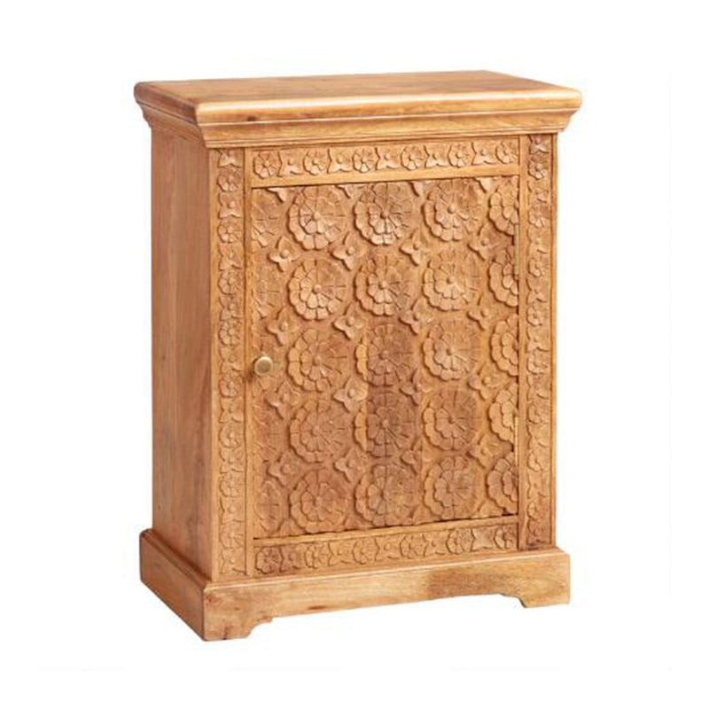 Mahooz Natural Floral Hand Carved Wood Side Table