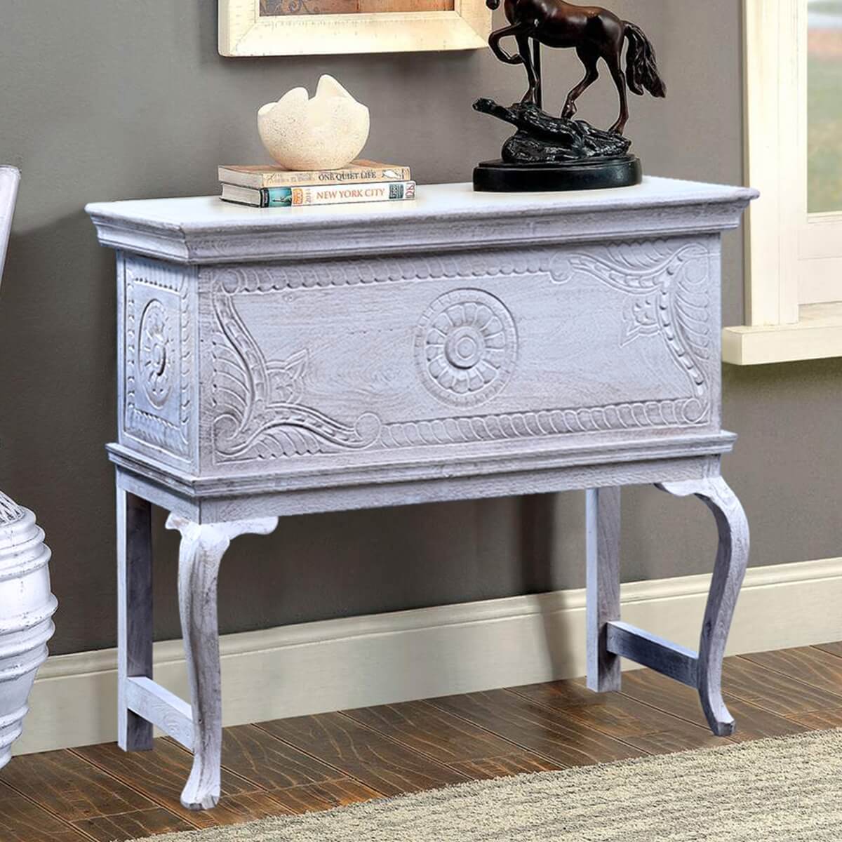 Classic Reclaimed Wood Traditional Hand Carved Antique Console Table