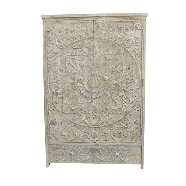 Indian Hand Carved Floral Design Solid Wooden Wardrobe/ Armoire.