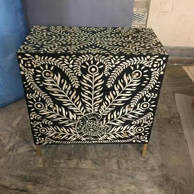 Hamad Peacock Design Bone Inlay Three Drawer Dresser Black