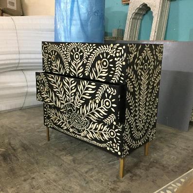 Hamad Peacock Design Bone Inlay Three Drawer Dresser Black