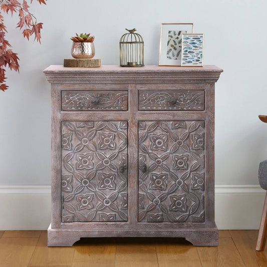 BATAAN Hand-carved Solid Wood Vintage 2 Drawer Rustic Storage Cabinet