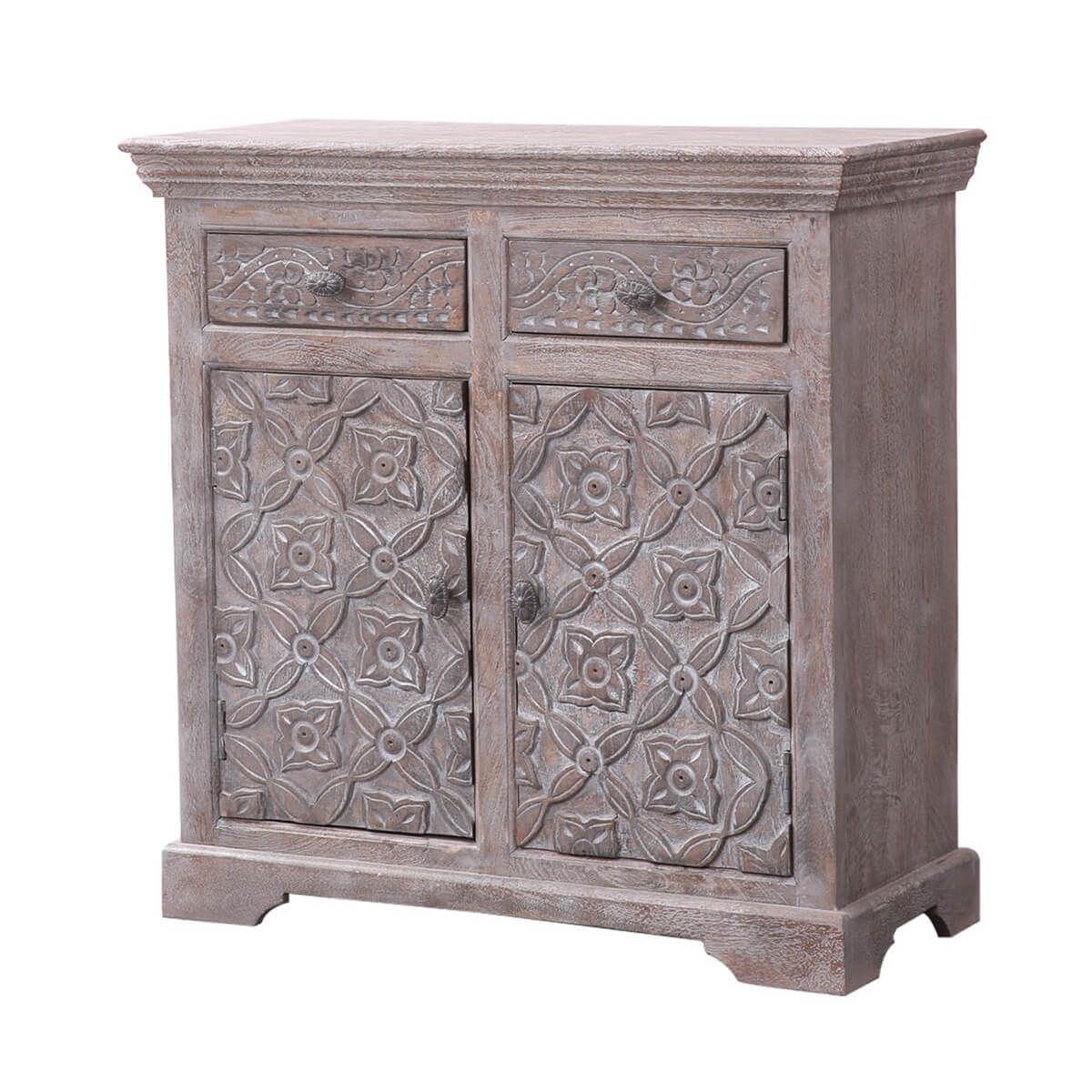 BATAAN Hand-carved Solid Wood Vintage 2 Drawer Rustic Storage Cabinet