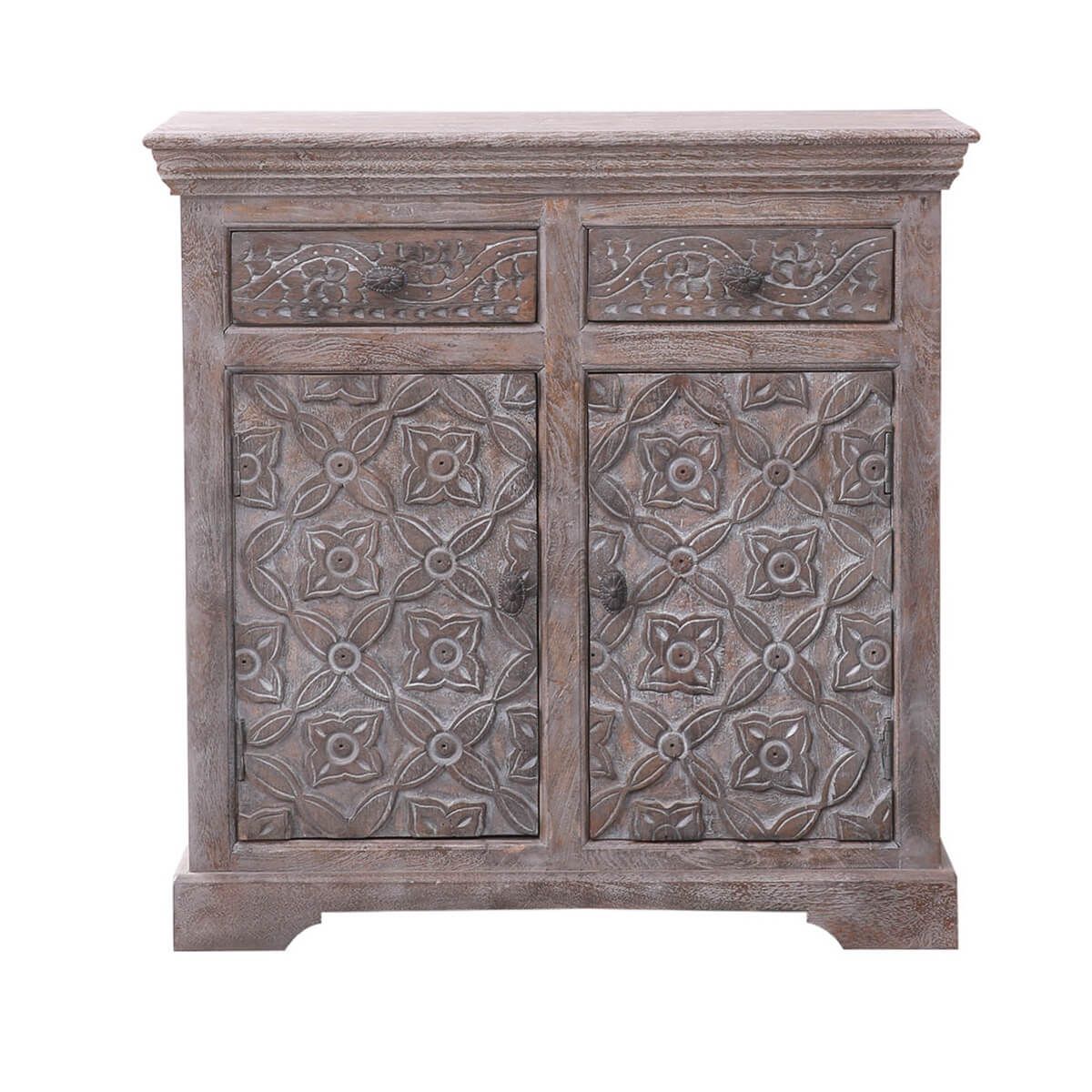 BATAAN Hand-carved Solid Wood Vintage 2 Drawer Rustic Storage Cabinet