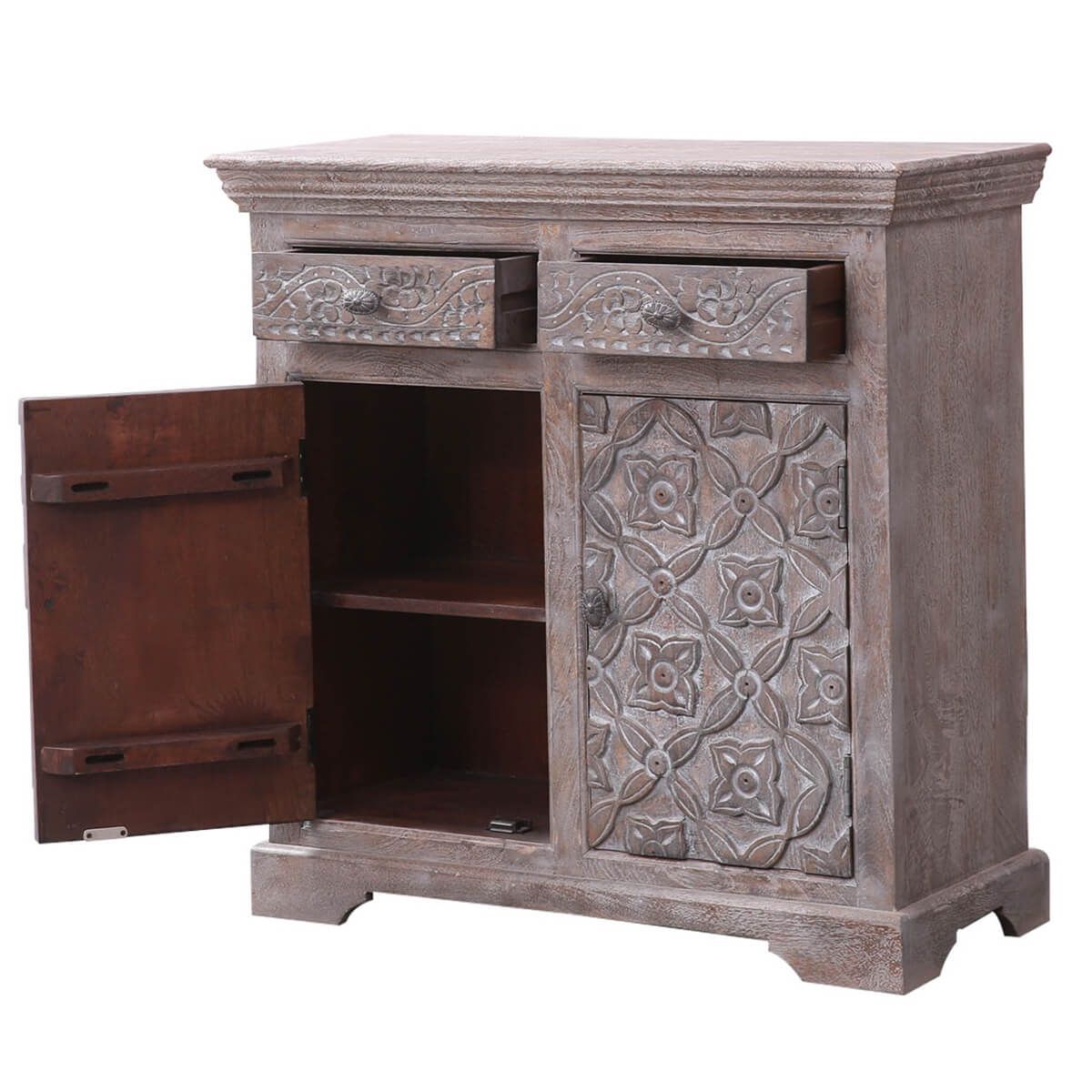 BATAAN Hand-carved Solid Wood Vintage 2 Drawer Rustic Storage Cabinet