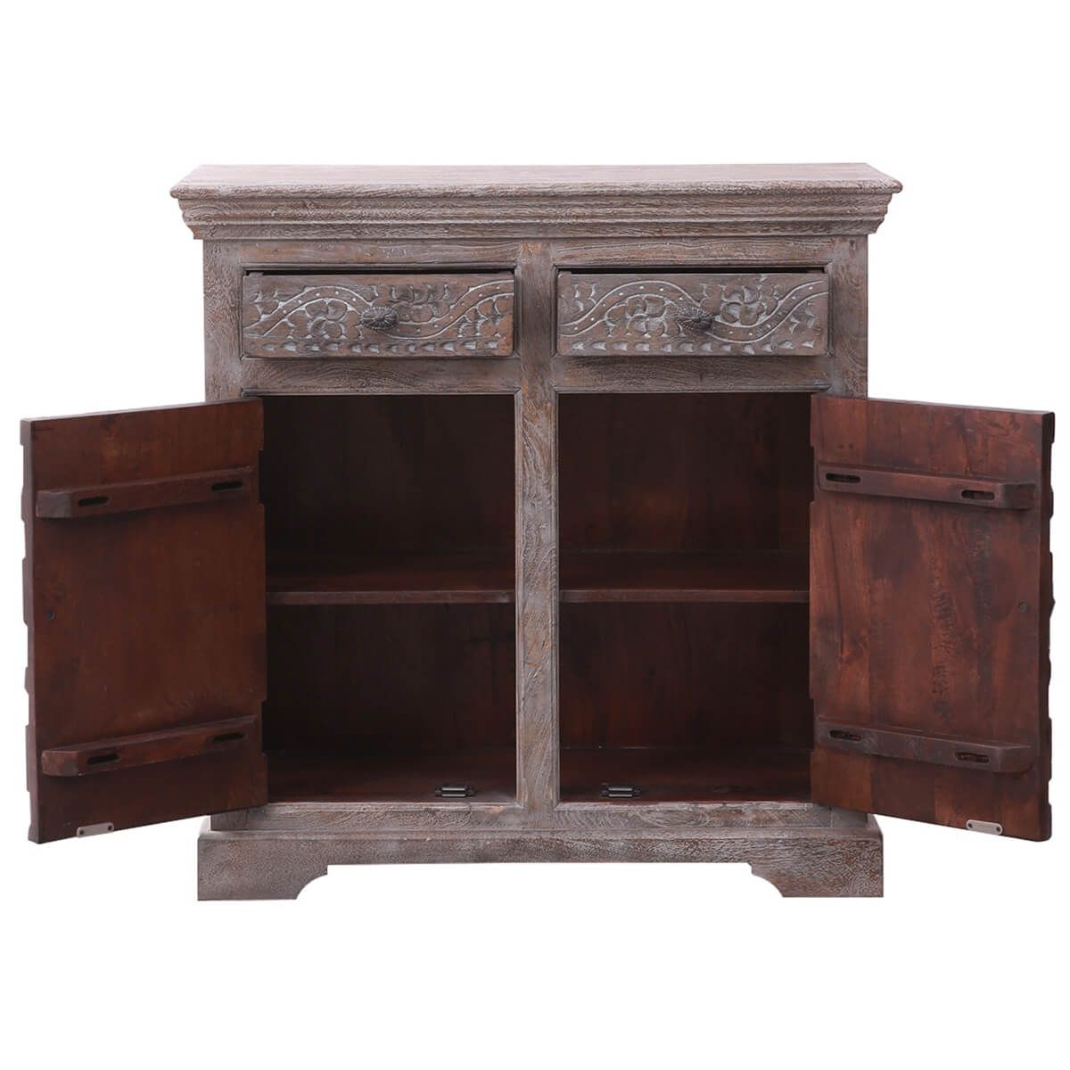 BATAAN Hand-carved Solid Wood Vintage 2 Drawer Rustic Storage Cabinet