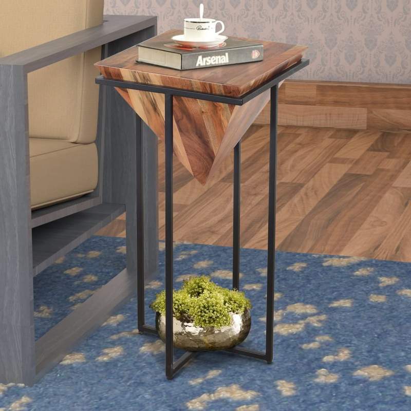 DAPITAN Pyramid Shape Wooden Side Table With Cross Metal Base Accent Table