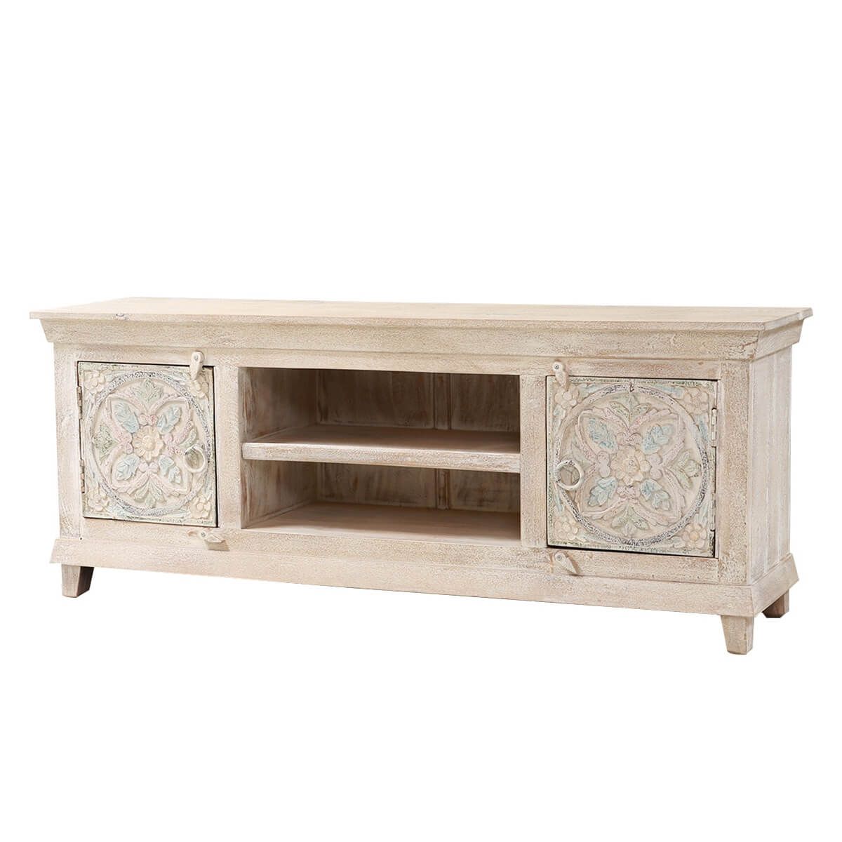 EVA Hand-carved Solid Wood White Distressed TV Media Stand