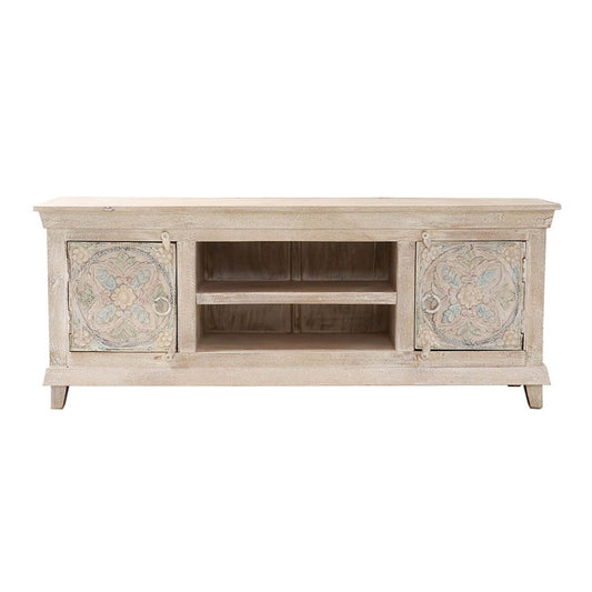 EVA Hand-carved Solid Wood White Distressed TV Media Stand