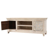 EVA Hand-carved Solid Wood White Distressed TV Media Stand