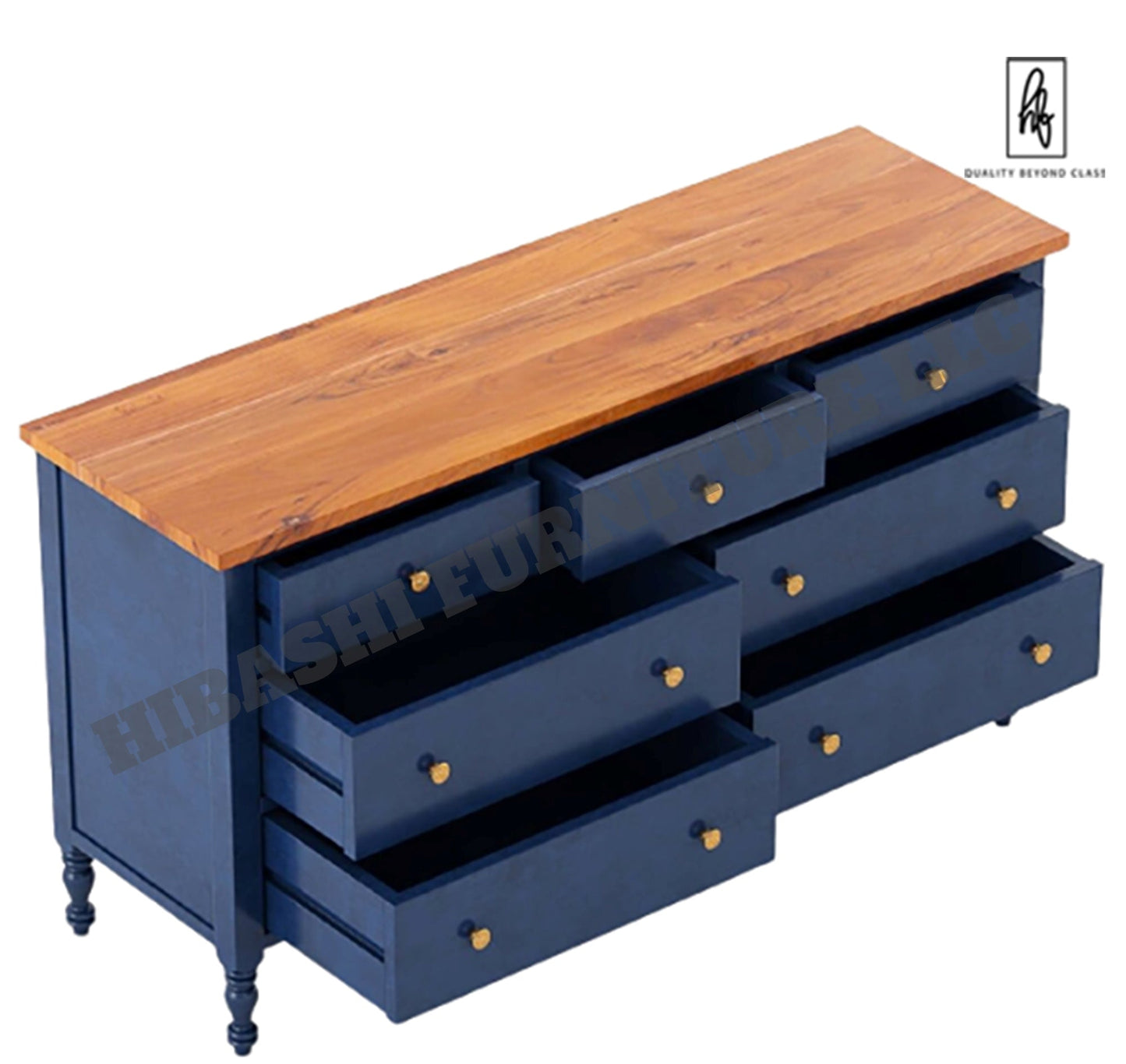 RECTO Blue Two Tone Solid Wood 7 Drawer Bedroom Dresser