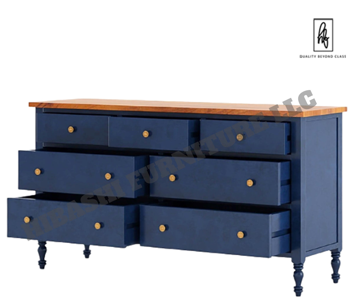 RECTO Blue Two Tone Solid Wood 7 Drawer Bedroom Dresser