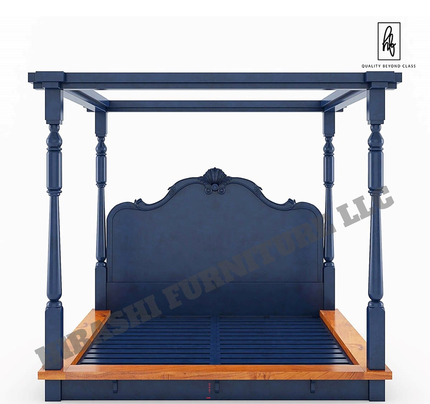 RECTO Two Tone Solid Wood Hand Carved Headboard Platform Canopy Bed