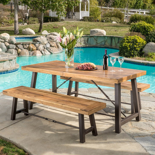 CAVITE Rustic Industrial Outdoor Mango Wood Picnic Dining Set