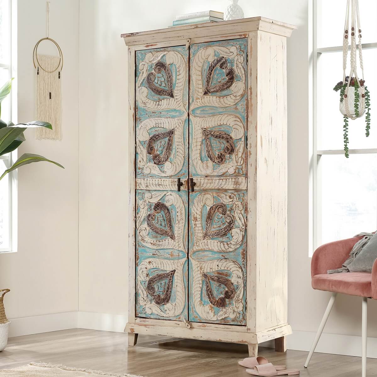 Mimosa Distressed White Hand-carved Solid Wood Vintage Armoire