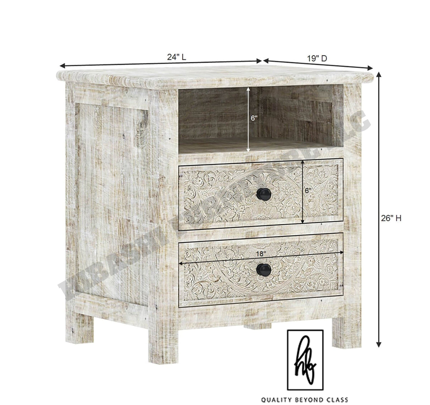 Sunflower Hand carved Solid Wood White Nightstand With Drawer