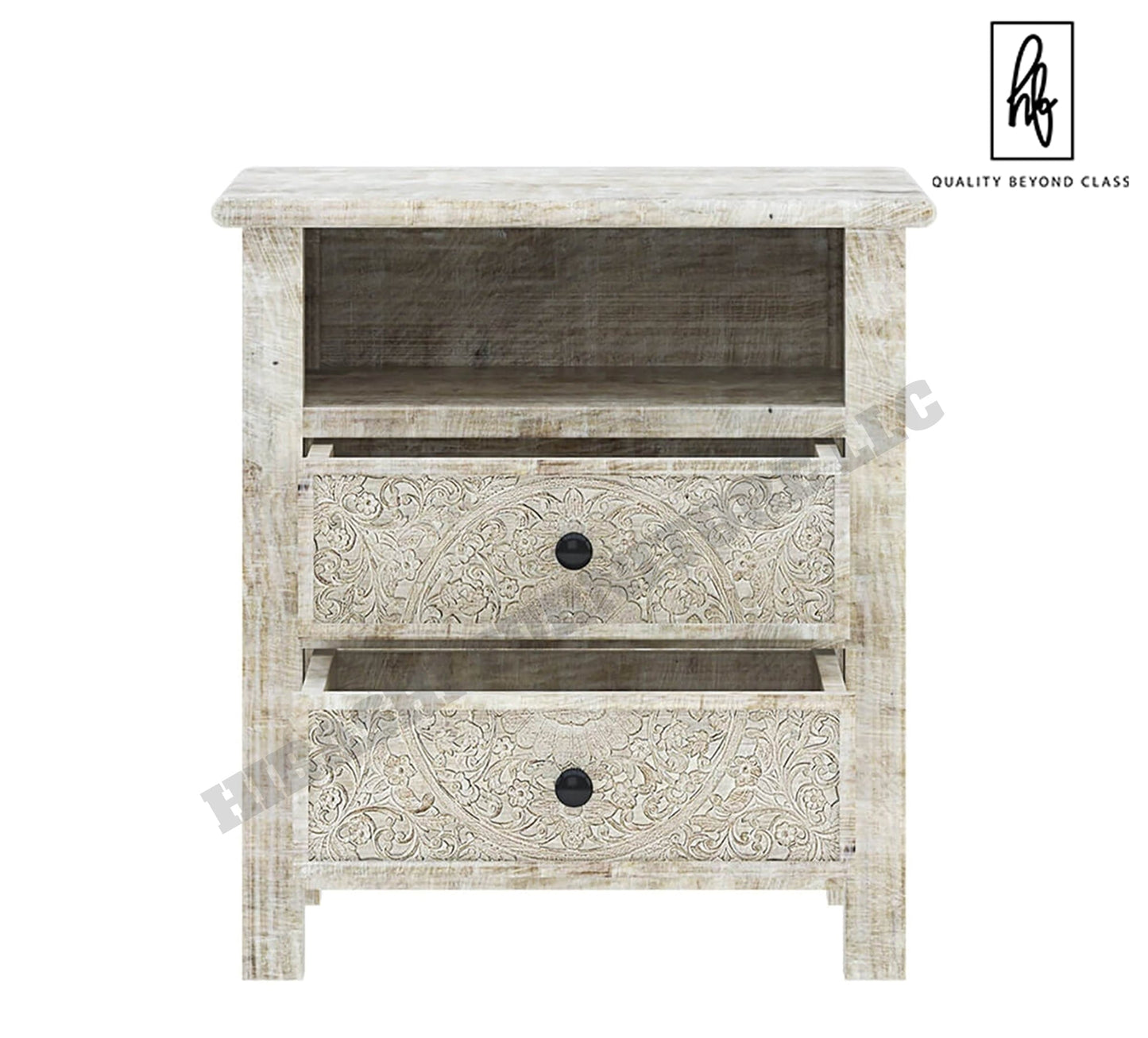 Sunflower Hand carved Solid Wood White Nightstand With Drawer