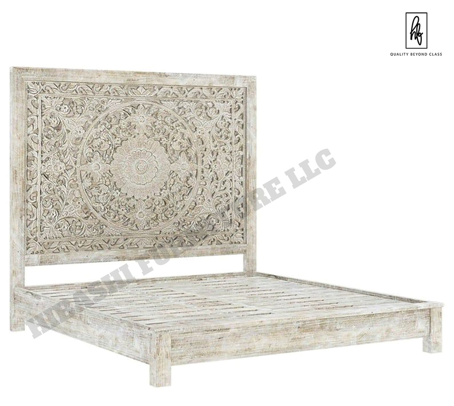 Sunflower Design Hand Carved Solid Wooden Bed Frame