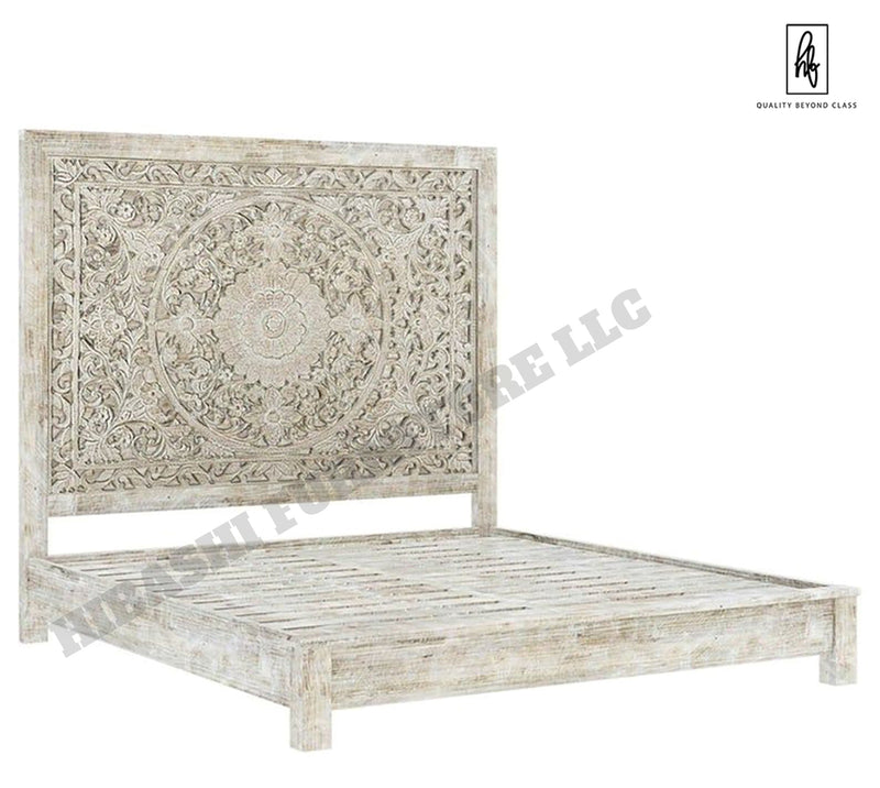 Sunflower Design Hand Carved Solid Wooden Bed Frame