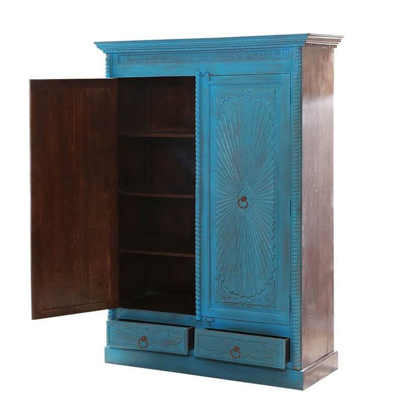 Guful Turquoise Hand Carved Solid Wood 2 Drawer Armoire