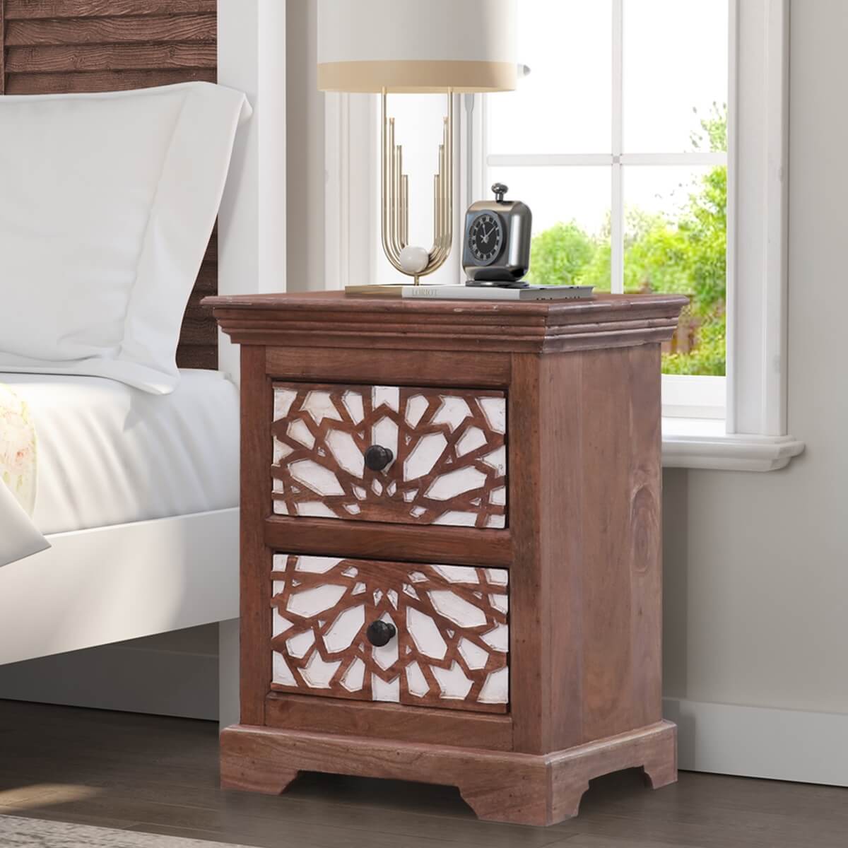 Traditional Mosaic Solid Wood Two Drawer Bedside Table