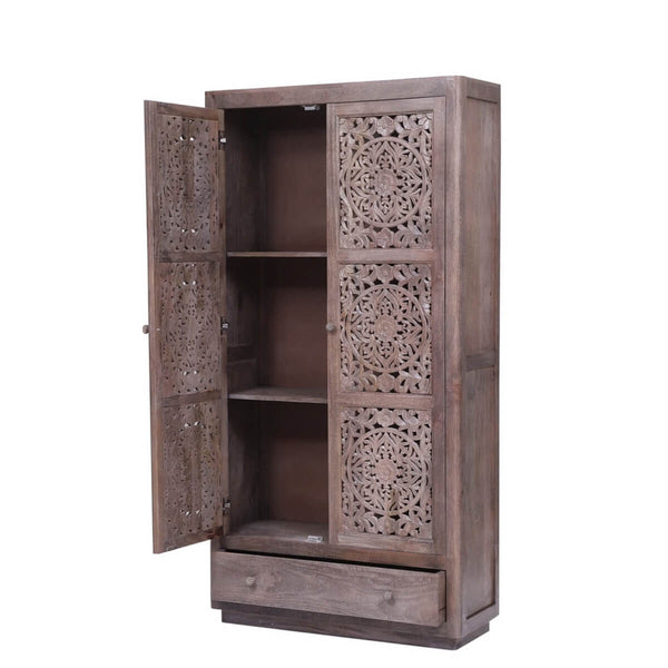 Rustic Hand carved Reclaimed Wood Armoire w Shelves And Drawer